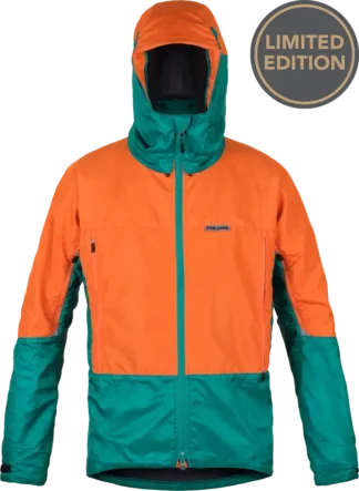 Mens Waterproof Climbing Jacket Paramo Velez In Orange And Cyan Front Copy