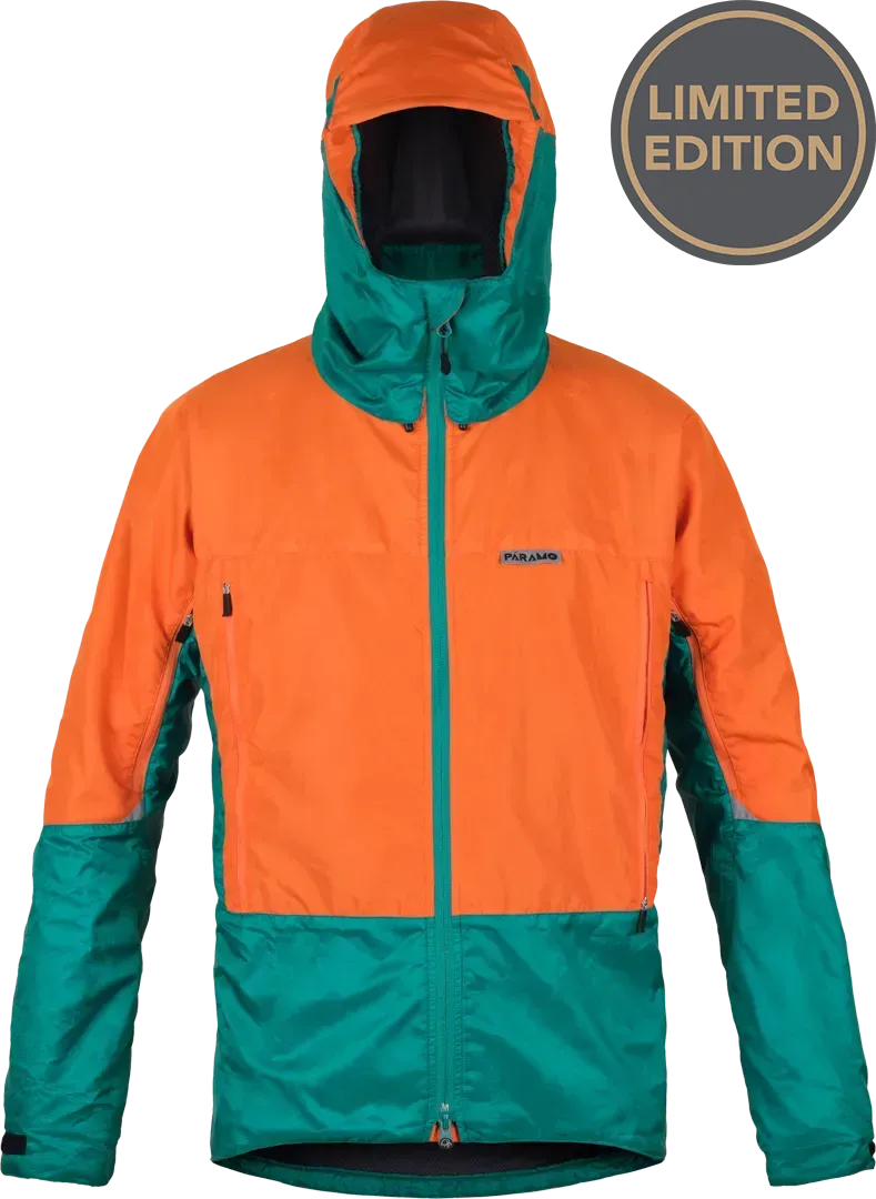 Mens Waterproof Climbing Jacket Paramo Velez In Orange And Cyan Front Copy