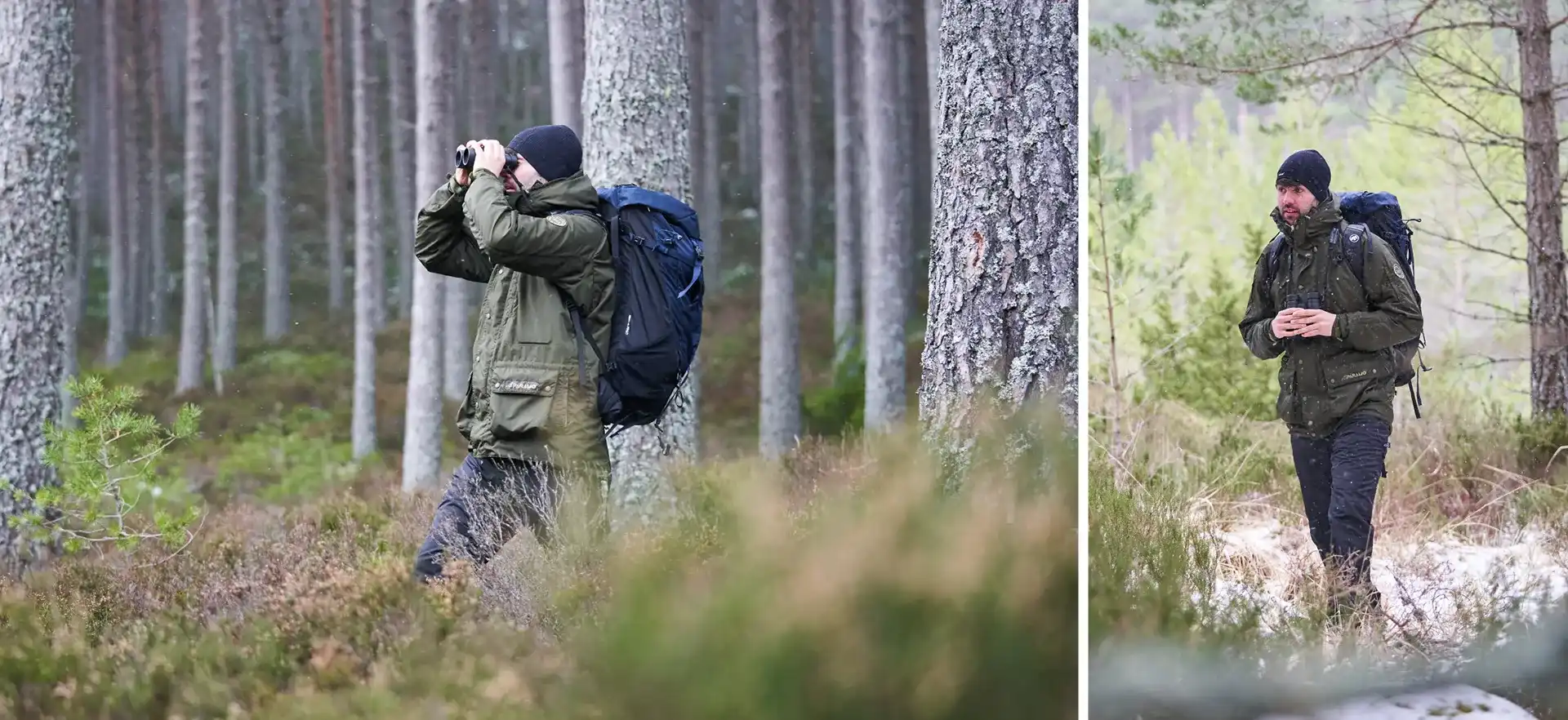 Mens Bird Watching through Binoculars Halkon 360 Jacket Moss hiking in the snow - Higher Resolution