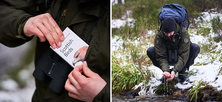 Mens Bird Watching Halkon 360 Jacket Moss man crouching by a stream and putting bird watching book in pocket