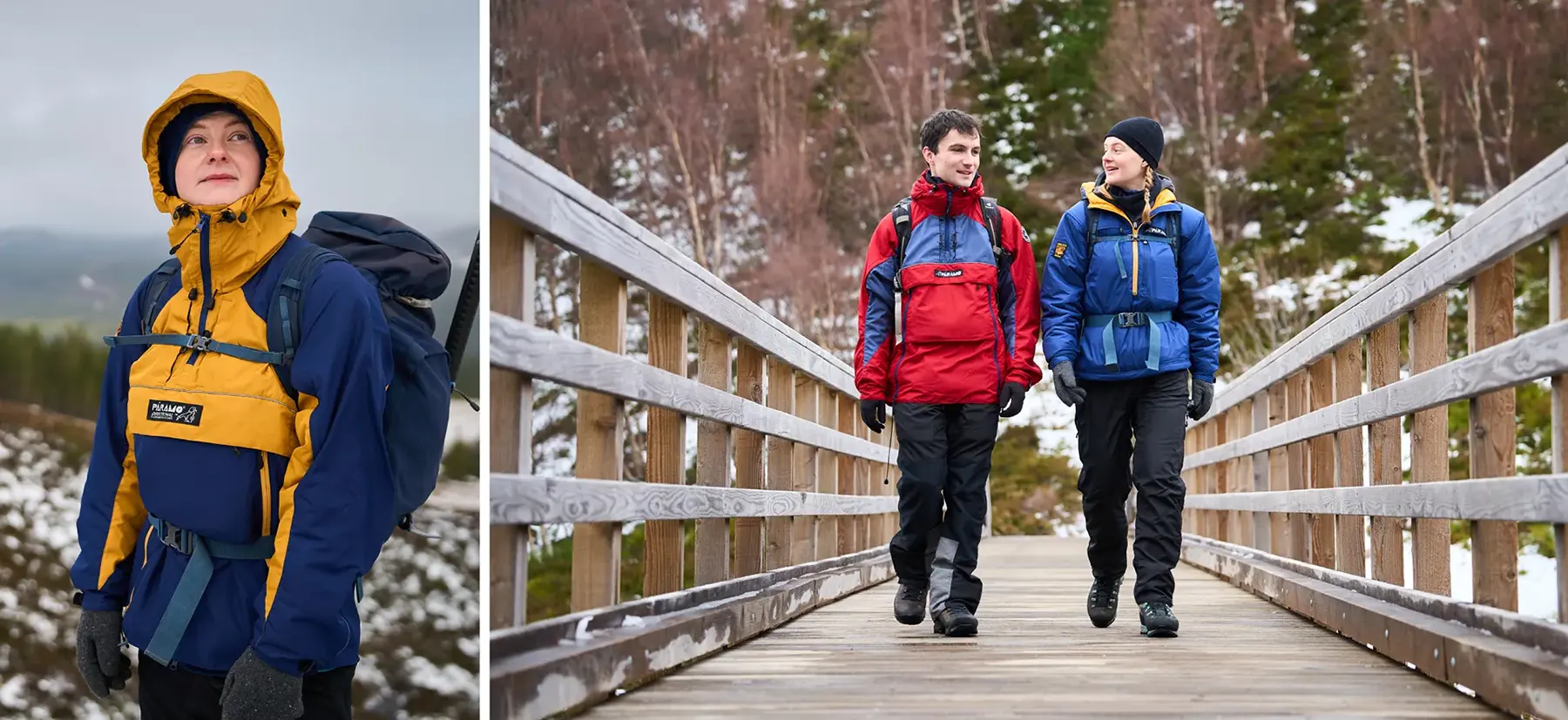 Hiking Couple over bridge in warm waterproof paramo Recycled Polyester Technical Outdoor Smock - Higher resolution