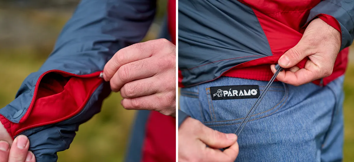 Man in windproof showcasing the features like elastic ties and vents in the jacket