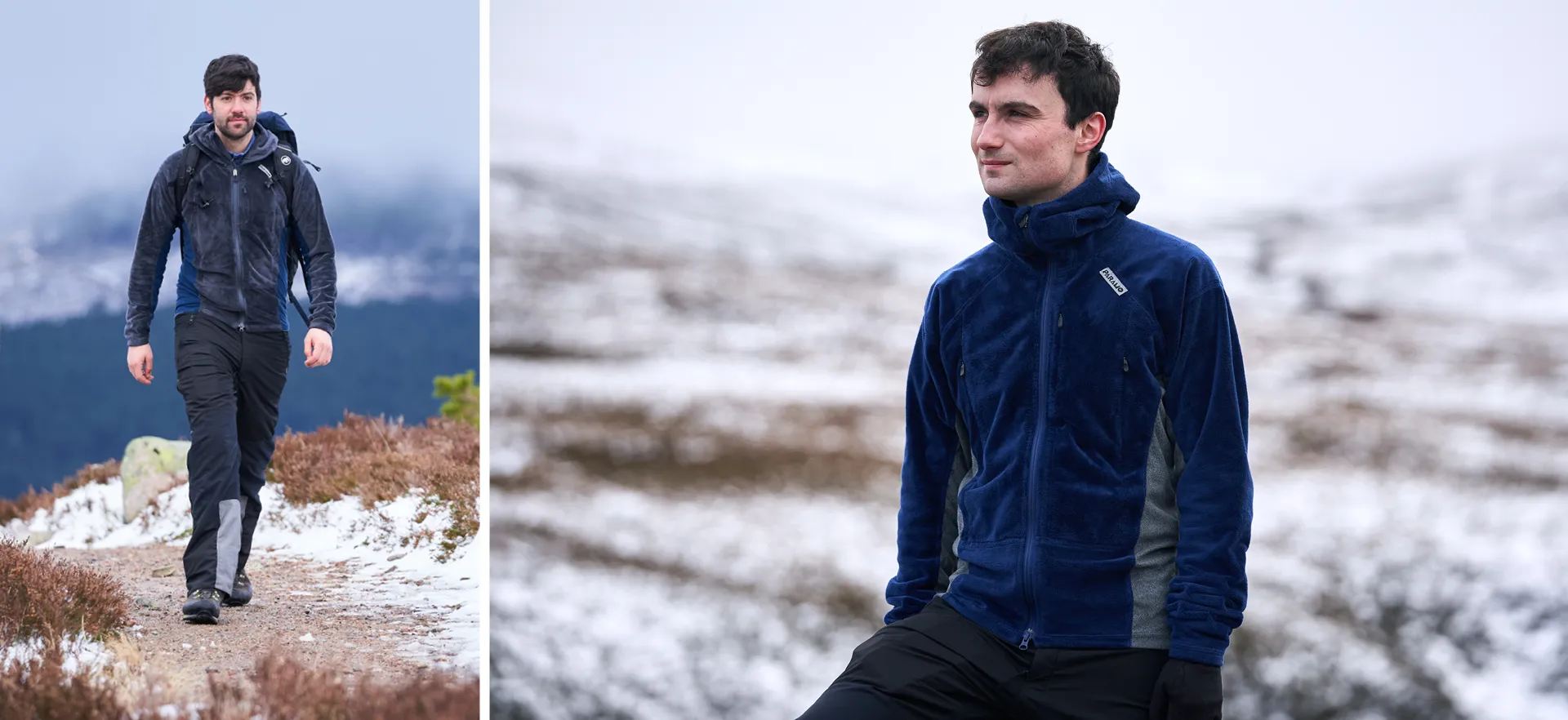 Man walking on a snowy moor in a warm enduro plus fleece