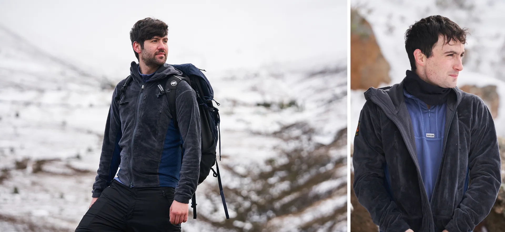 Man walking on a snowy moor with a backpack in a warm enduro plus fleece