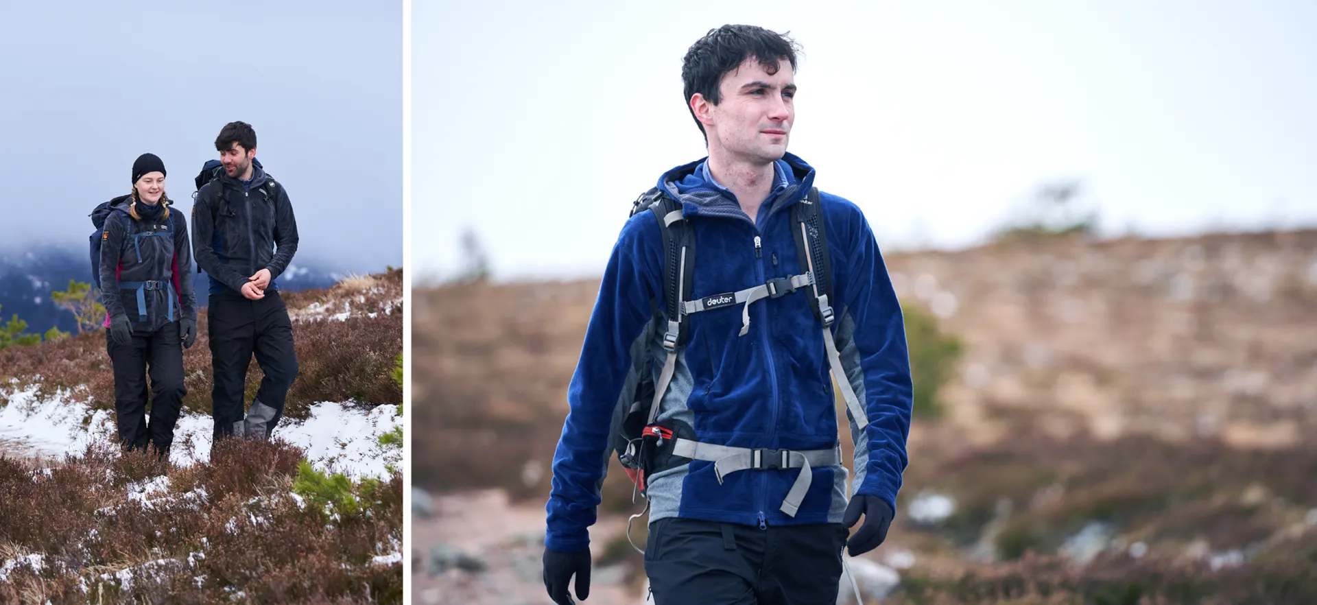 Man walking on a snowy moor with a backpack in a warm enduro plus fleece, and also in a couple