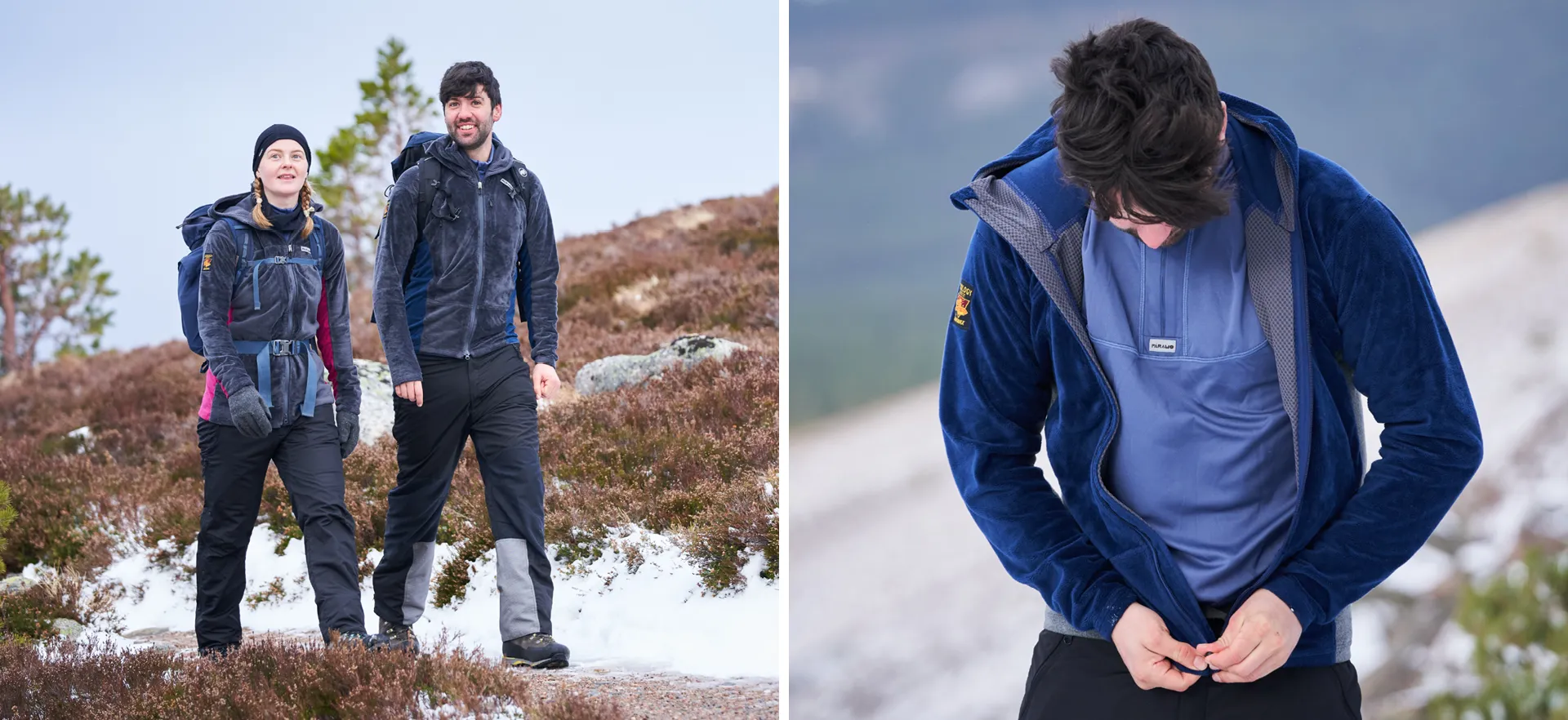 Man walking in a couple on a snowy moor with a backpack in a warm enduro plus fleece