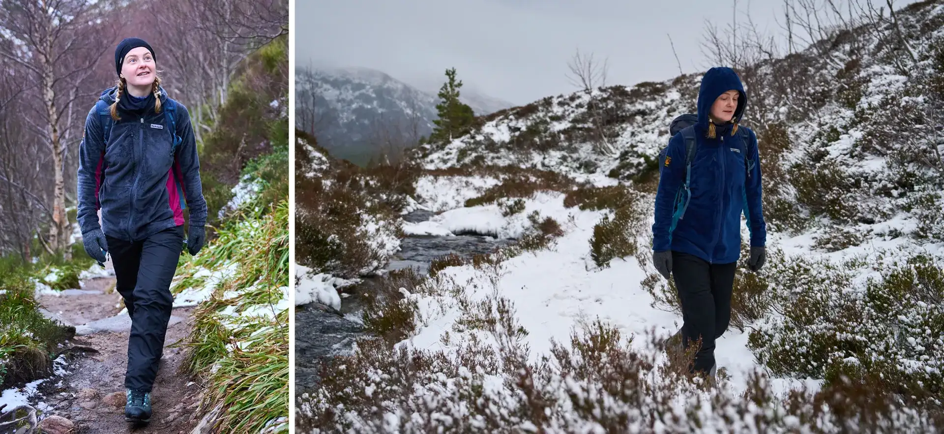 woman hiking through a snowy moor wearing warm fleeces with backpacks looking around at the trees