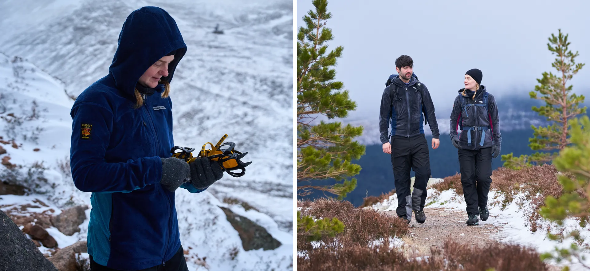 couple hiking through a snowy moor with trees wearing warm fleeces with backpacks looking around at the view